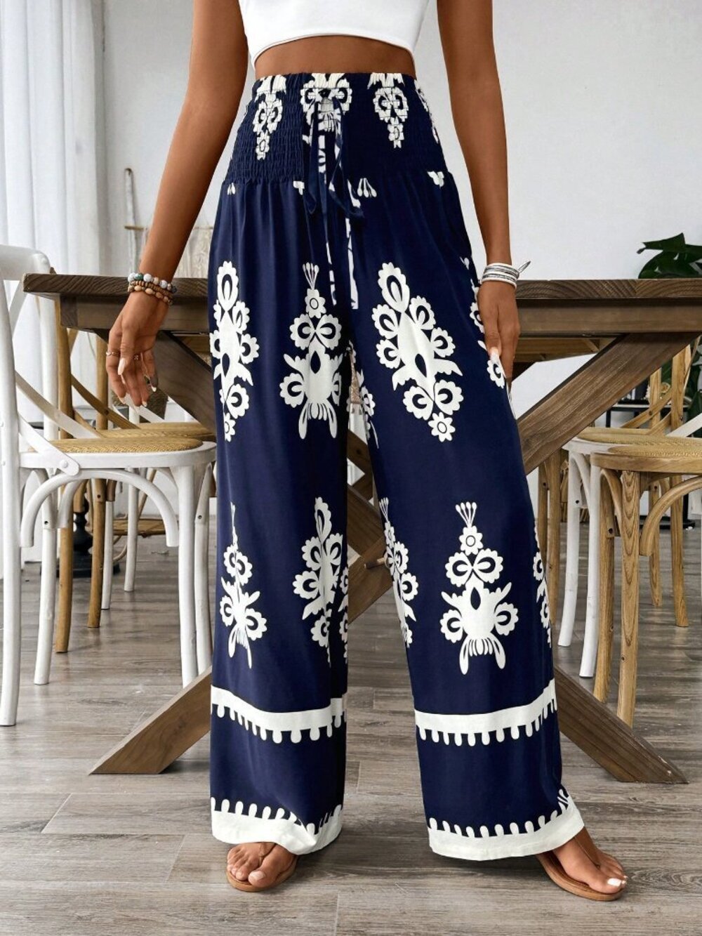 Women's Waistband Drawstring Floral Print Casual Pants, - Picture 3 of 5